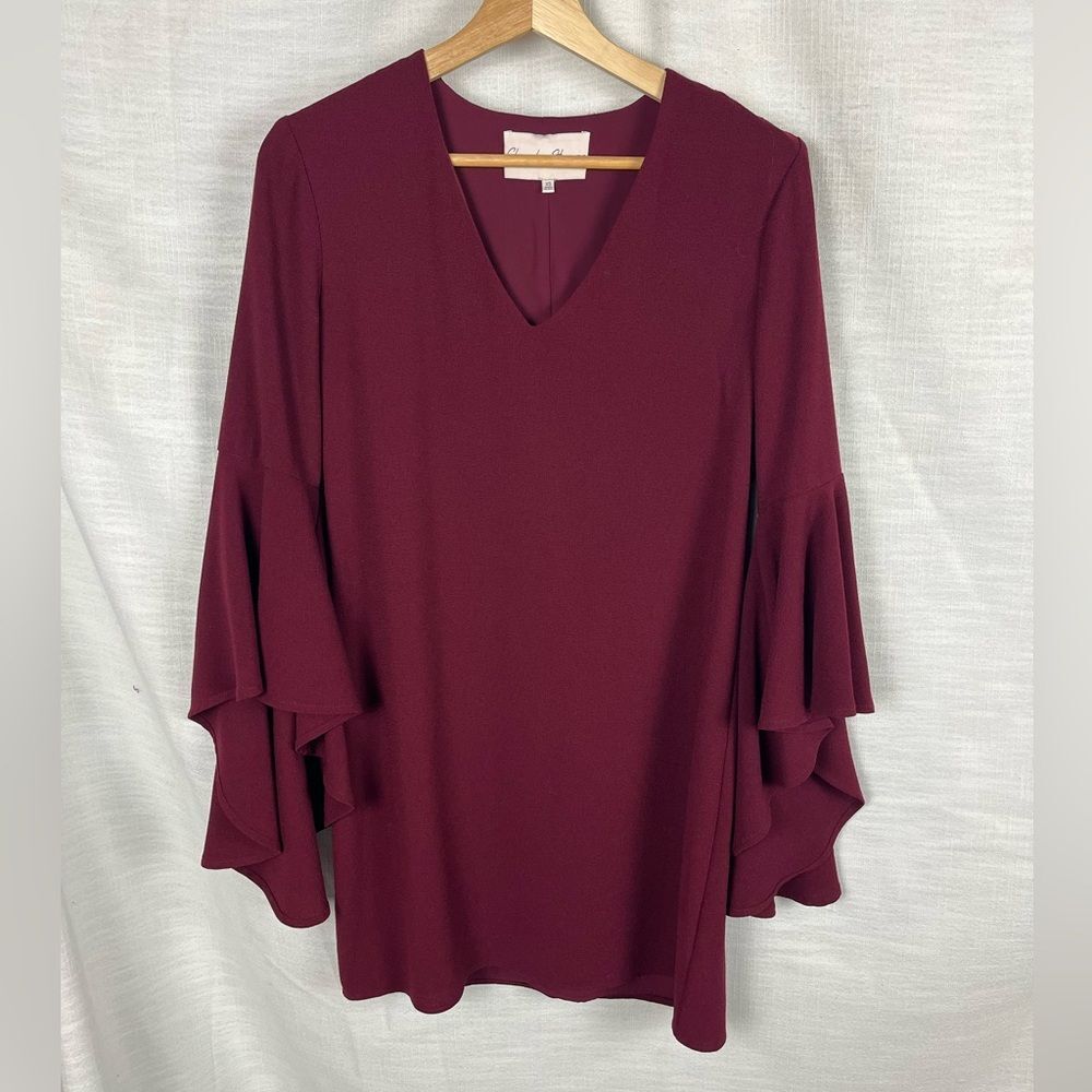 Charles Henry Burgundy V-Neck Dreds Ruffle Sleeve Tunic Size XS